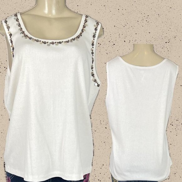 Charter Club+ 1X White Puka Shell-Beads Accent Scoop Neck Ribbed Cotton Tank Top - Picture 1 of 6